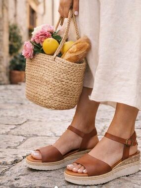 Bertuchi Women's Tan Leather Espadrille Platform Sandals with Ankle Strap